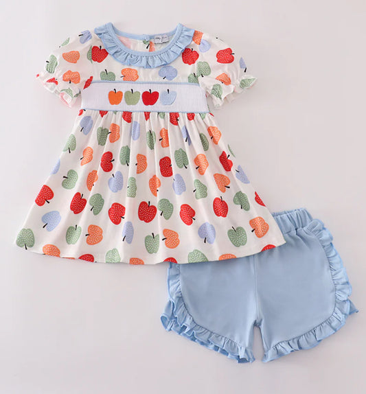Blue Apple Embroidery Smocked Blue Ruffle Short Set