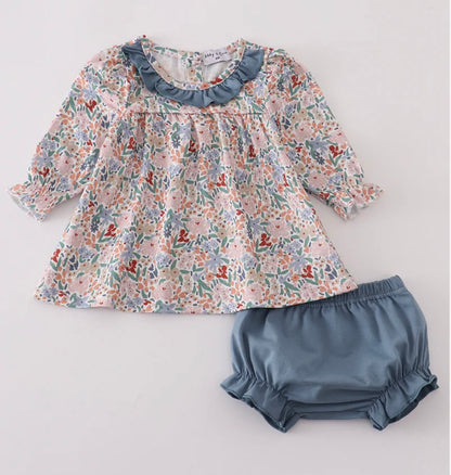 Blue Floral Ruffle Bloomer Set