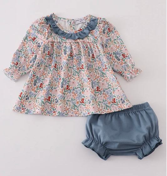 Blue Floral Ruffle Bloomer Set