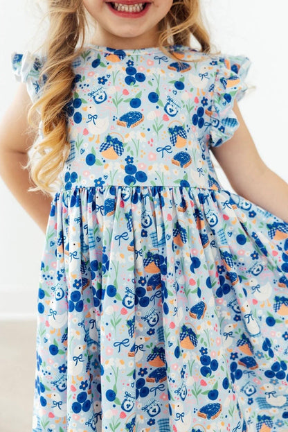 MR Blueberry Picnic Flutter Sleeve Twirl Dress
