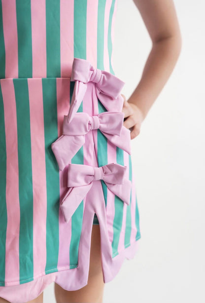Mint + Pink Striped Scallop Bow Dress
