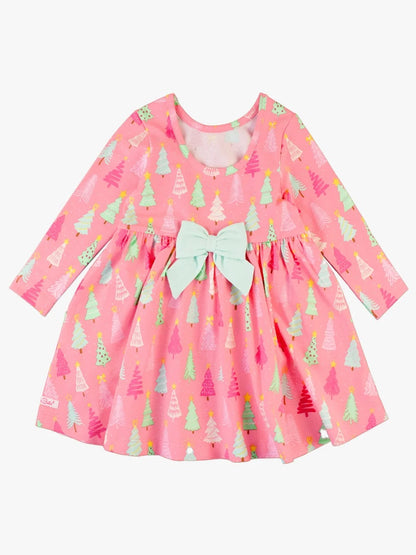 RuffleButts Merry Pink Pines LS Twirl Dress