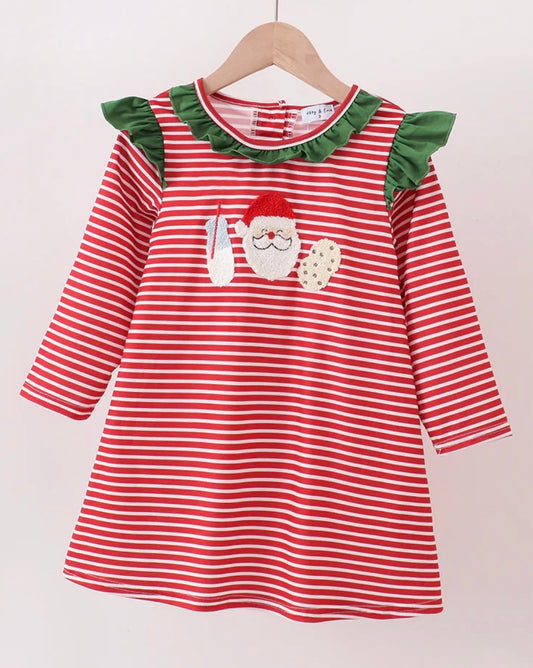 Red Stripe Santa + Cookies Ruffle Dress