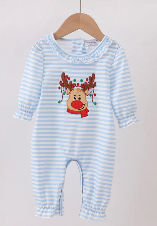 Blue Stripe Ruffle Reindeer Romper