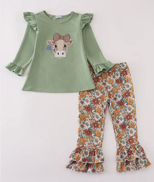 Sage Floral Cow Ruffle Pant Set