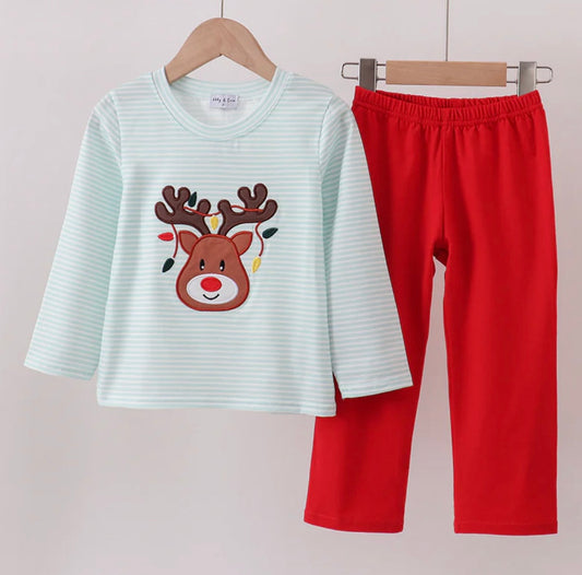 Green Striped Reindeer Pant Set
