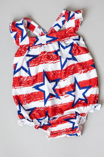 M&R Stars & Stripes Ruffle Cross Back Romper