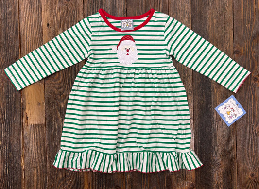 Three Sisters Green Striped Santa Applique Dress