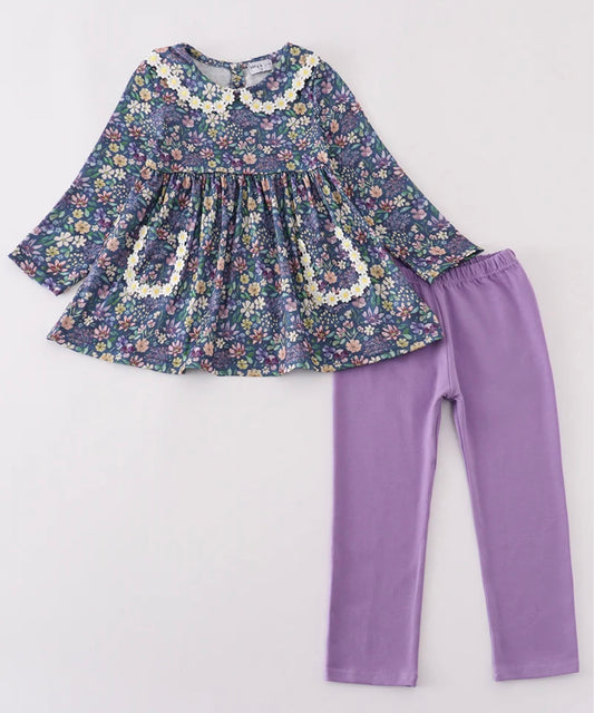 Purple Floral Lace Pant Set