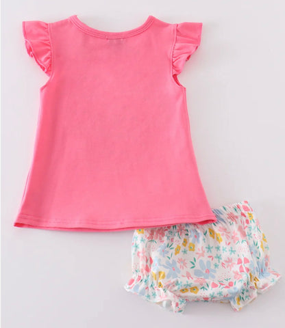 Pink Floral Pig Applique Bloomer Set
