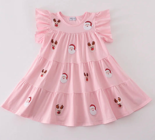 Pink Santa + Reindeer Sequin Ruffle Dress