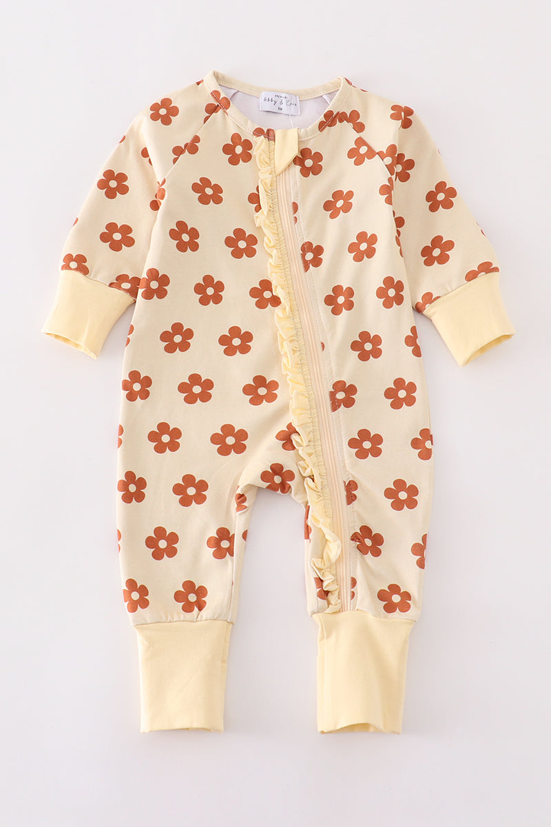 Cream + Mustard Floral Ruffle Zip Up