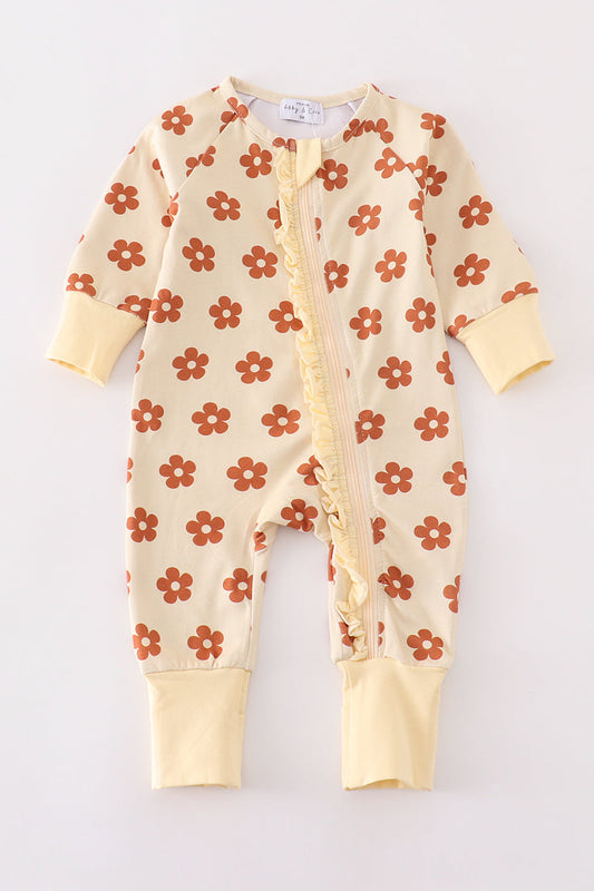 Cream + Mustard Floral Ruffle Zip Up