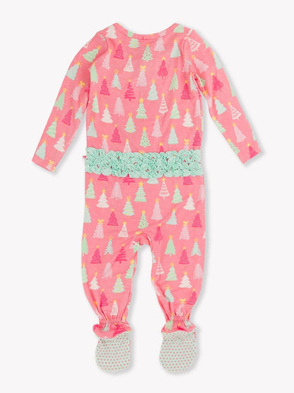 RuffleButts Merry Pink Pines Ruffle Footie