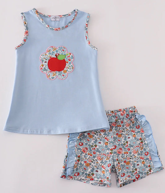 Blue Tank Apple Floral Appliqué Ruffle Short Set