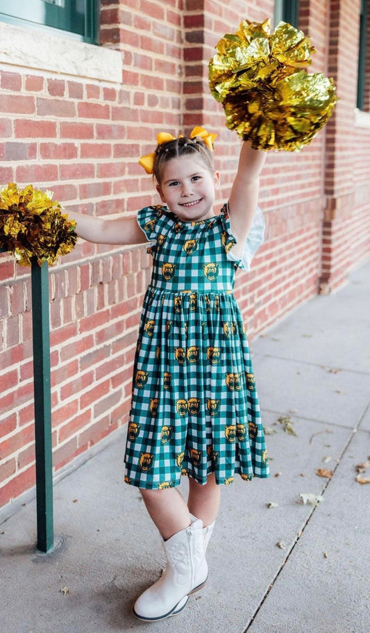 M&R Baylor Plaid Bear Flutter Twirl Dress