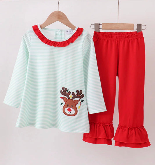 Green Striped Reindeer Ruffle Pant Set