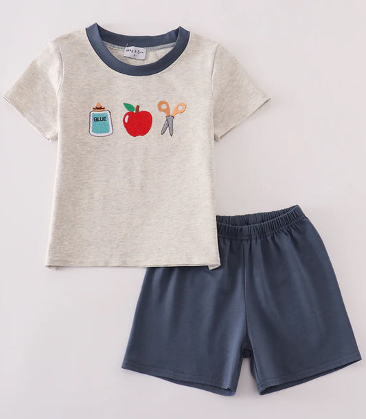 Gray Apple Embroidery Short Set