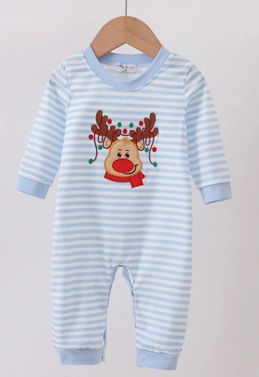 Blue Stripe Reindeer Romper