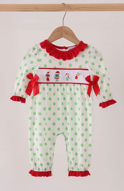Green Guy Embroidered Ruffle Dot Romper