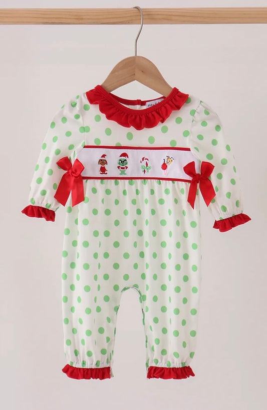 Green Guy Embroidered Ruffle Dot Romper