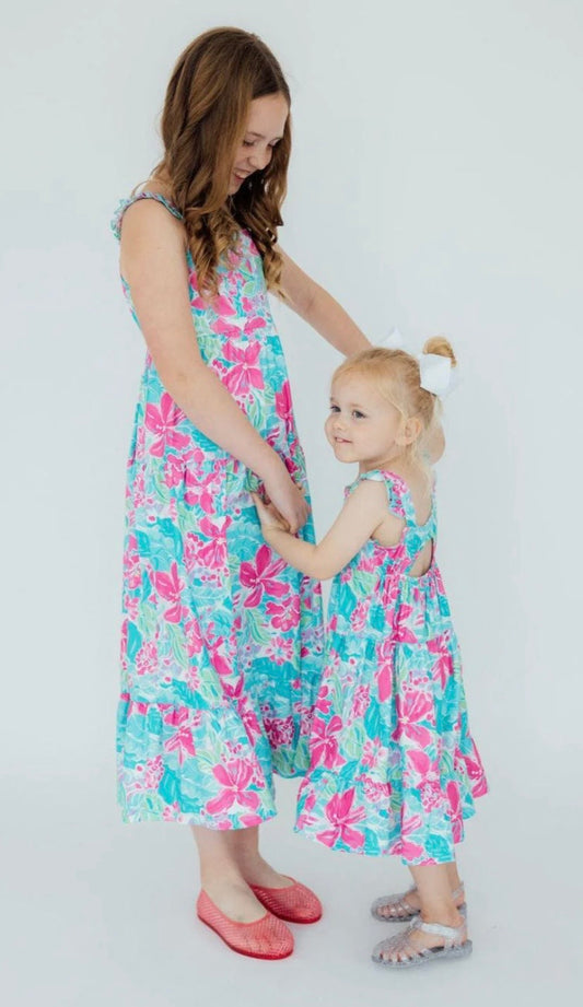 MR Tropical Punch Ruffle Maxi Dress