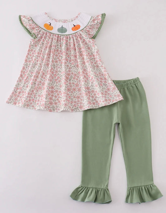 Smocked Pumpkin Floral Ruffle Set