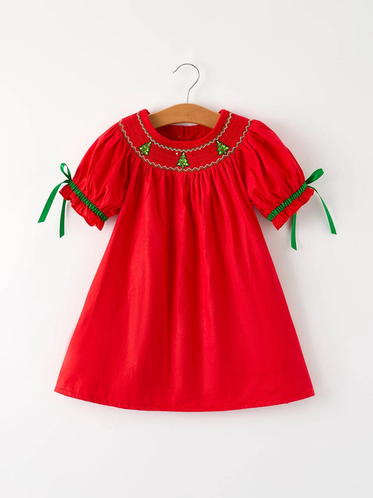 Red Christmas Tree Smocked Dress