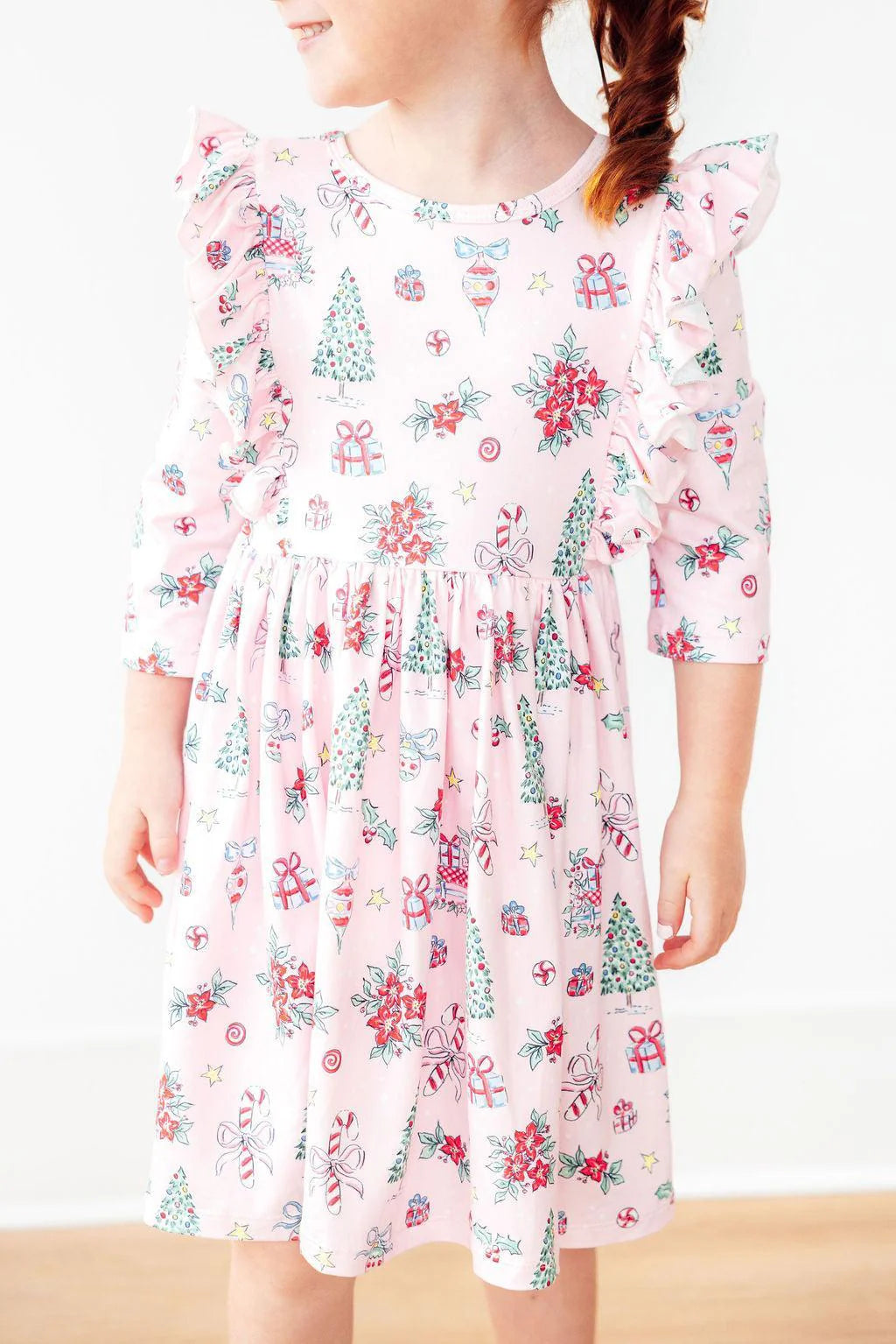 MR Pink Christmas 3/4 Sleeve Ruffle Twirl Dress