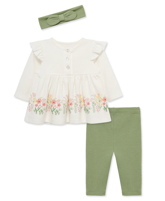 Little Me White & Green Floral Tunic & Legging Set