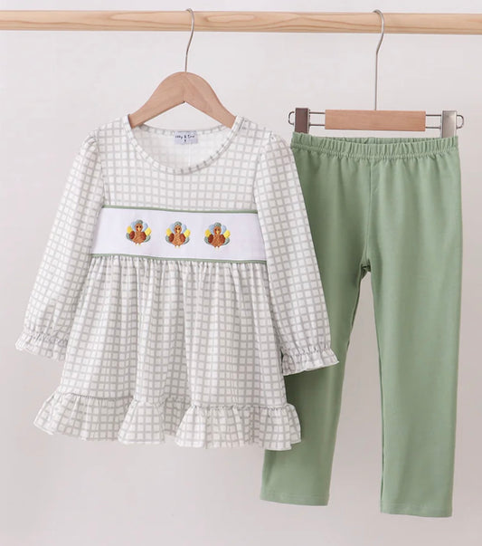 Sage Turkey Embroidery Gingham Legging Set