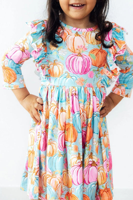 MR Preppy Pumpkins 3/4 Sleeve Ruffle Twirl Dress