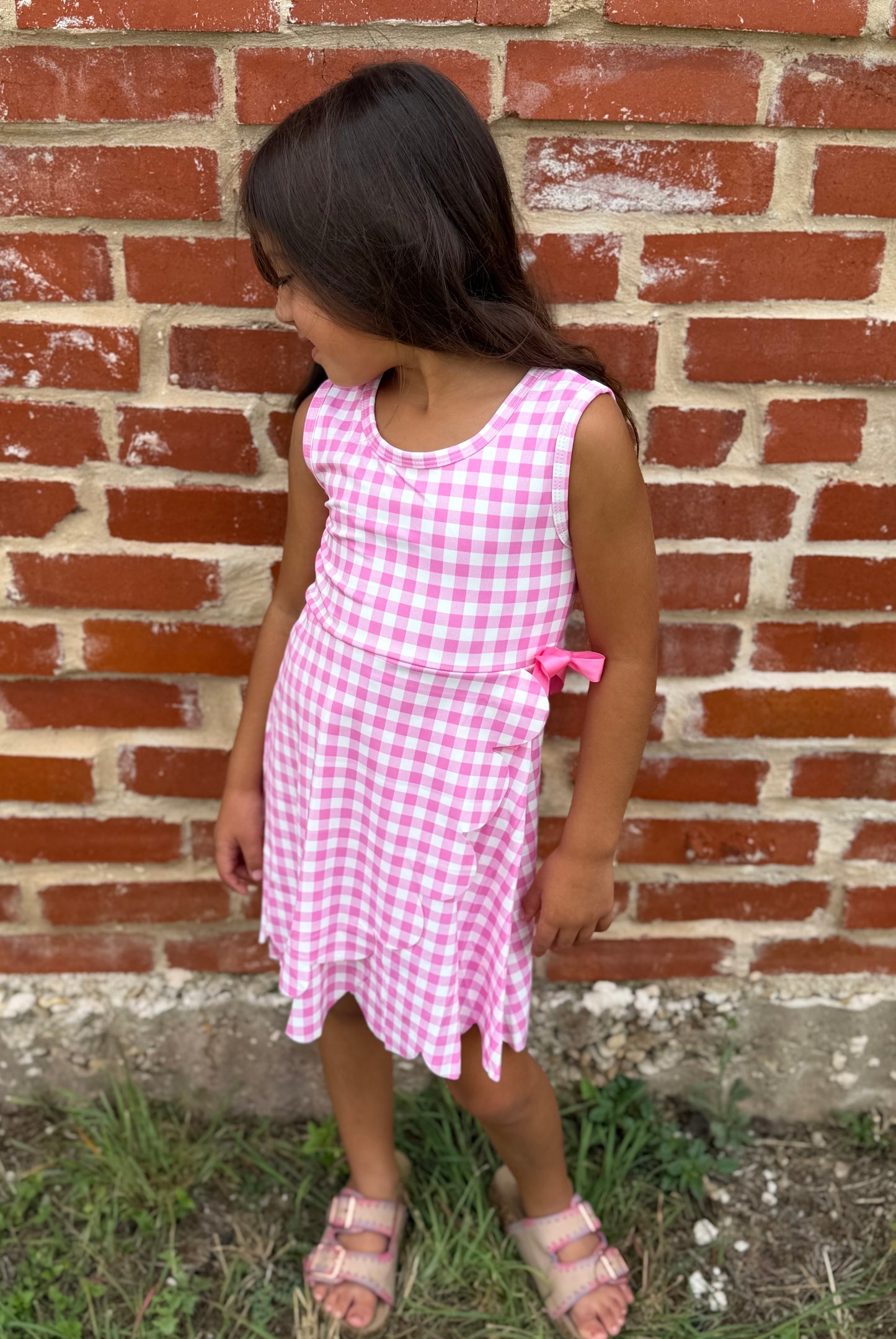 Pink Gingham Bow Scalloped Dress