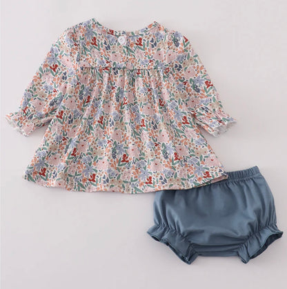 Blue Floral Ruffle Bloomer Set
