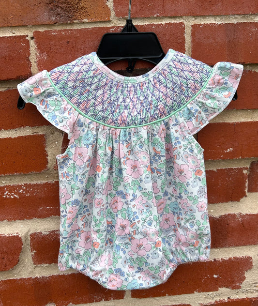 Green Floral Smocked Bubble