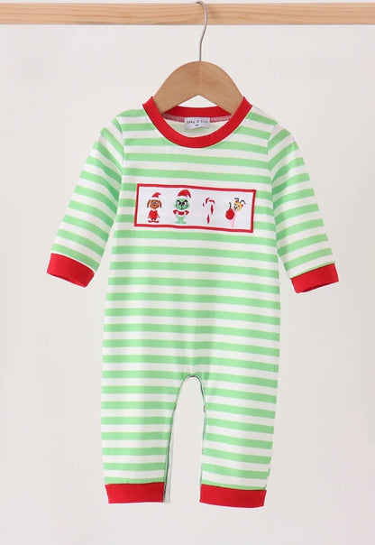 Green Guy Stripe Embroidered Romper