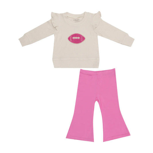 Angel Dear Football Waffle Ruffle Sweatshirt + Pink Bamboo Baby Bells