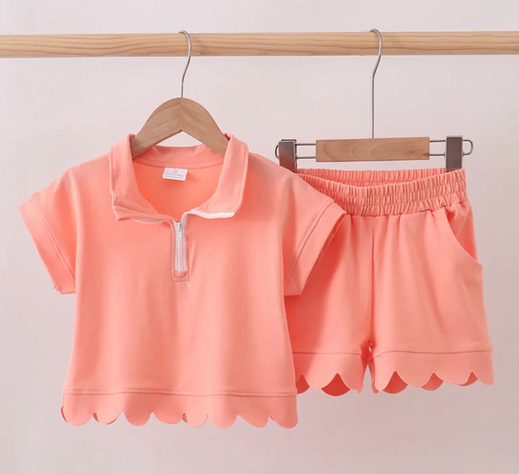 Coral Scalloped Polo Short Set
