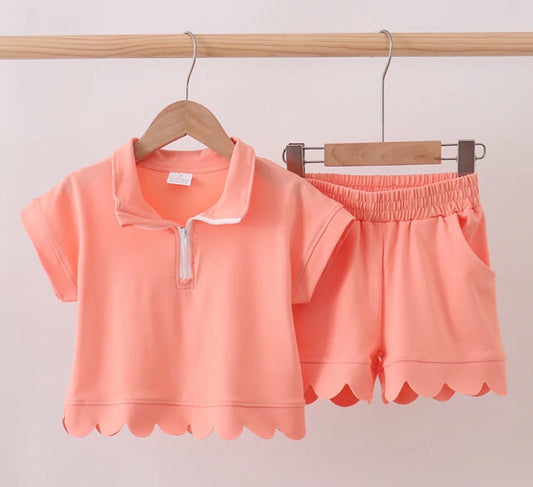Coral Scalloped Polo Short Set