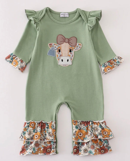 Sage Floral Cow Ruffle Romper