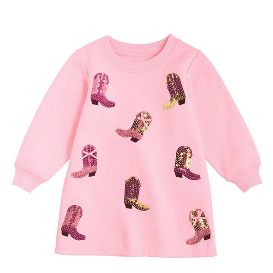 Mudpie Pink Sequin Boot Sweatshirt Dress