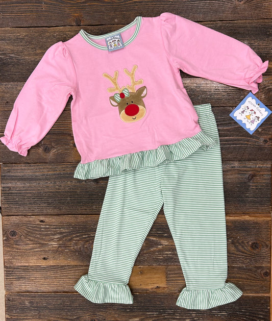 Three Sisters Reindeer Applique Ruffle Pant Set