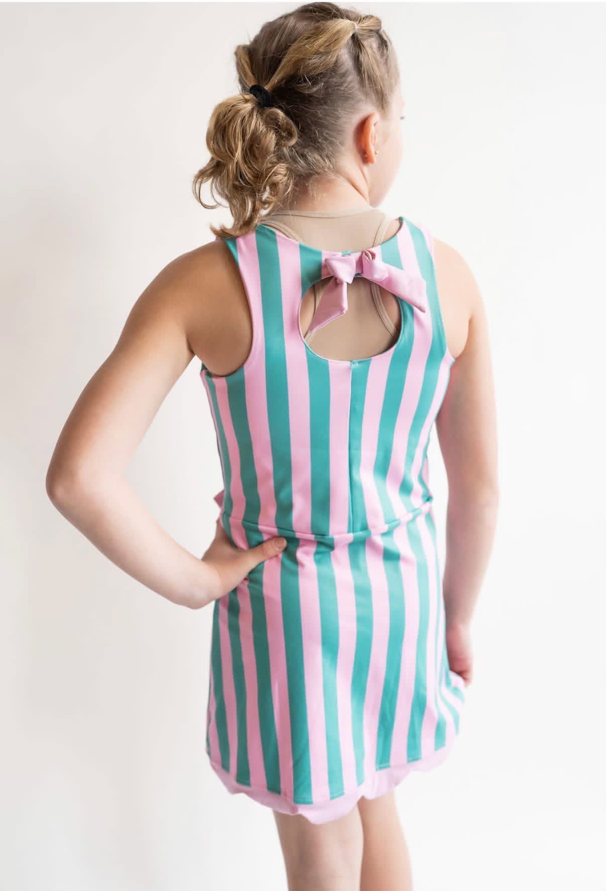 Mint + Pink Striped Scallop Bow Dress