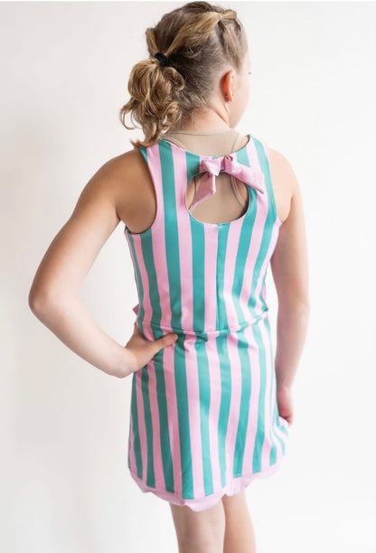 Mint + Pink Striped Scallop Bow Dress