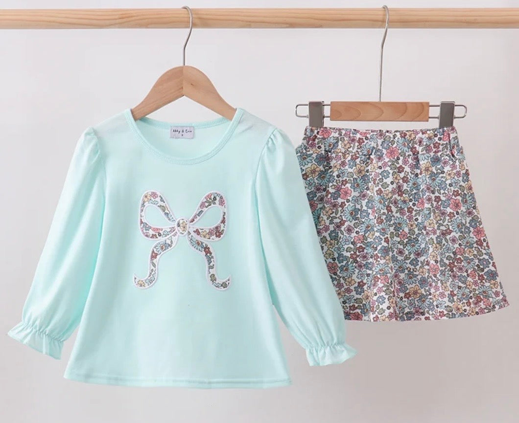 Mint Floral Bow Skort Set