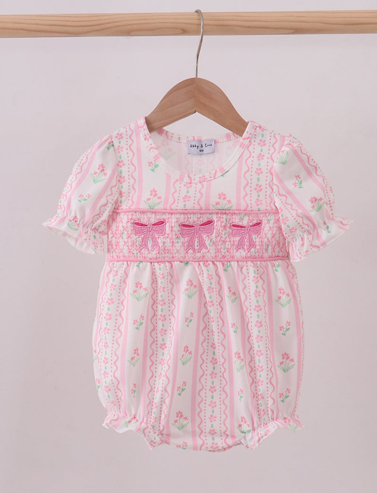 Pink Floral Bow Smocked Bubble