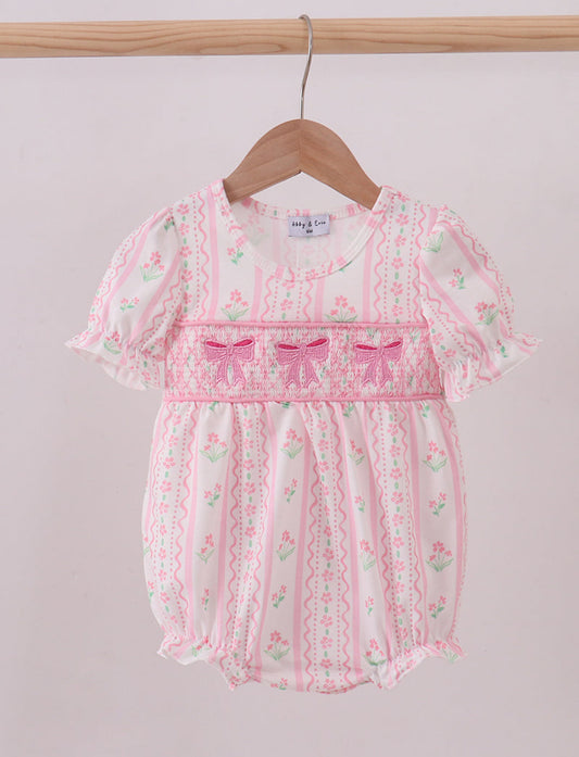 Pink Floral Bow Smocked Bubble