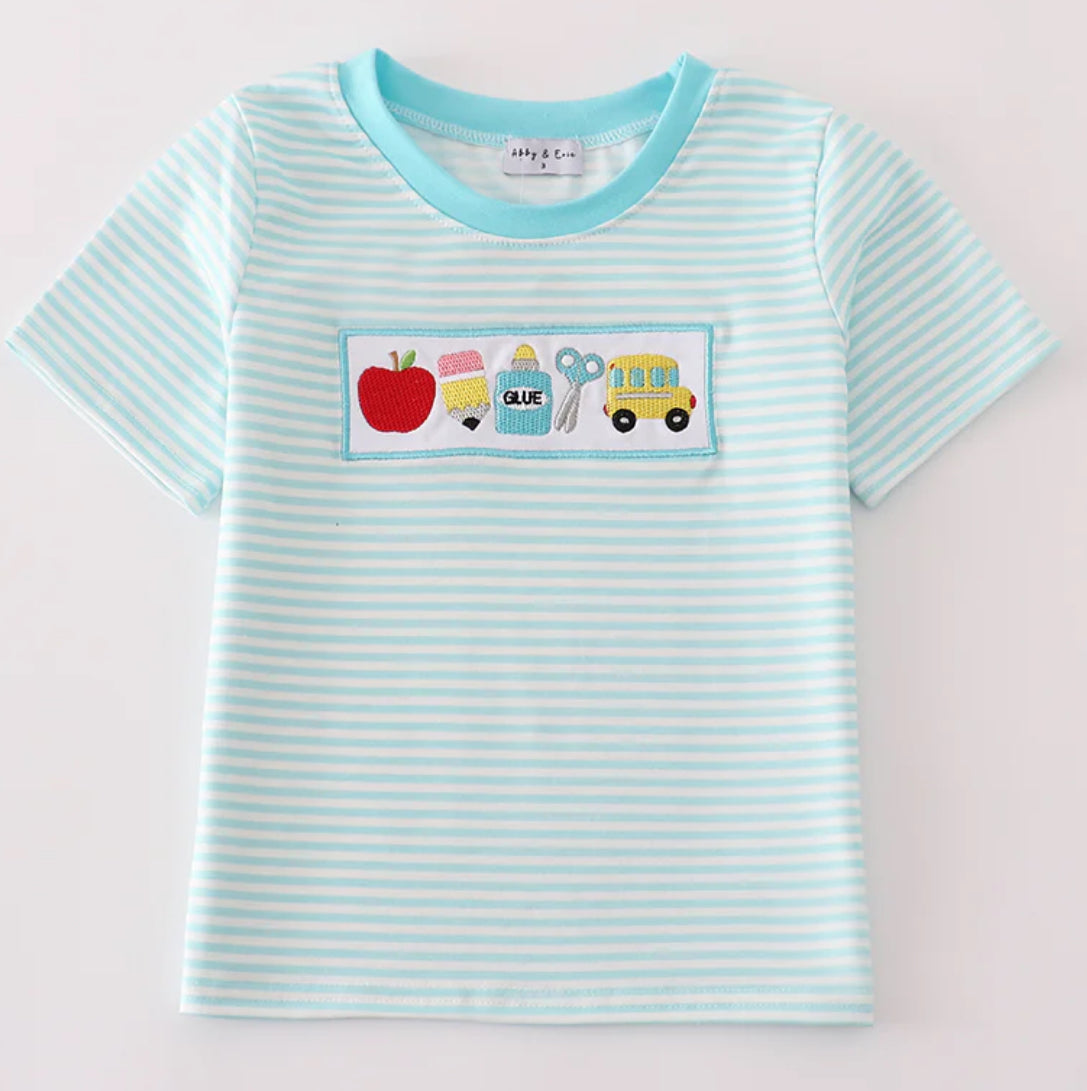 Blue Apple Pencil Bus Embroidery Stripe Top