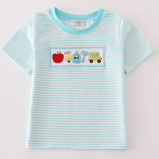 Blue Apple Pencil Bus Embroidery Stripe Top