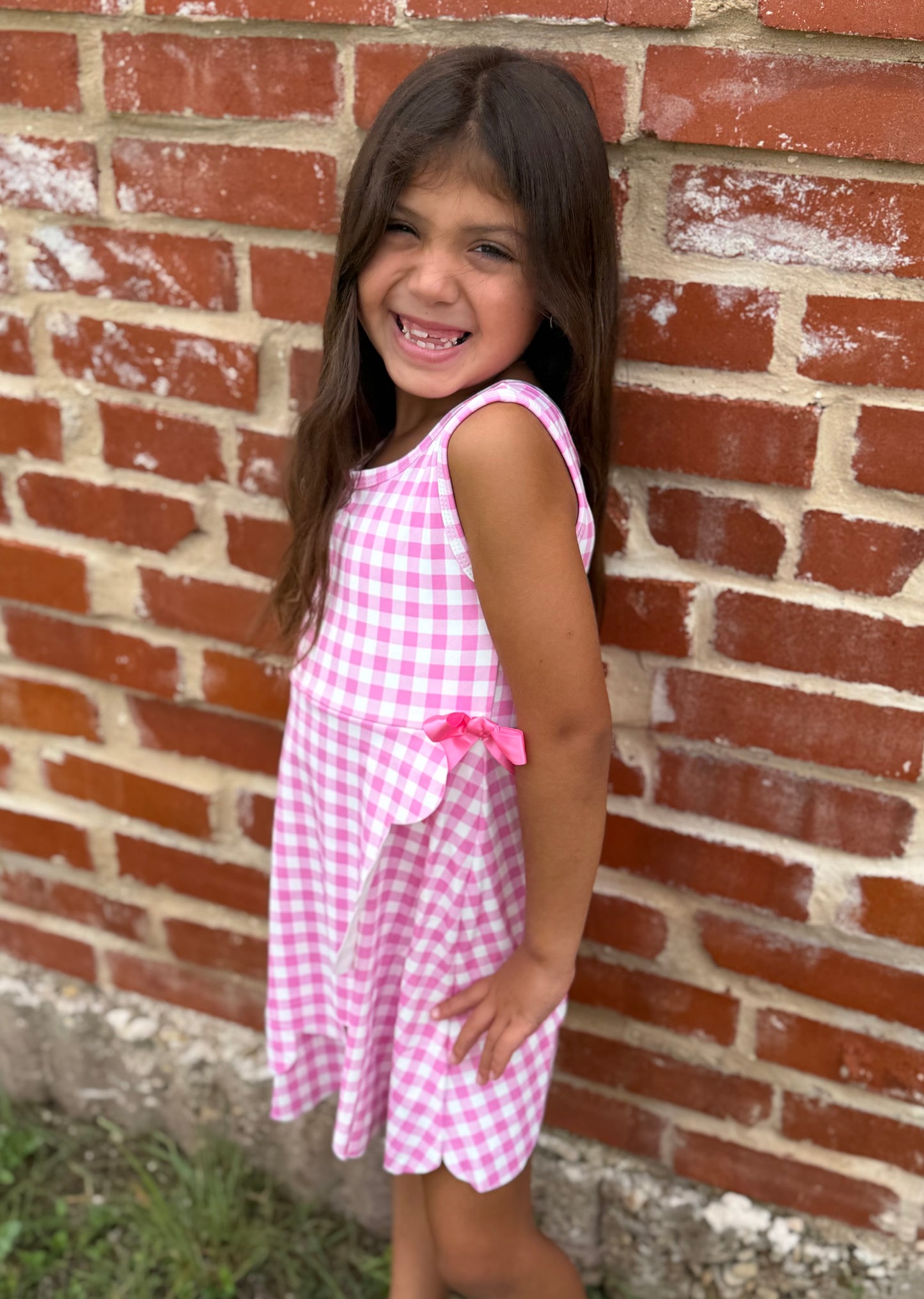 Pink Gingham Bow Scalloped Dress